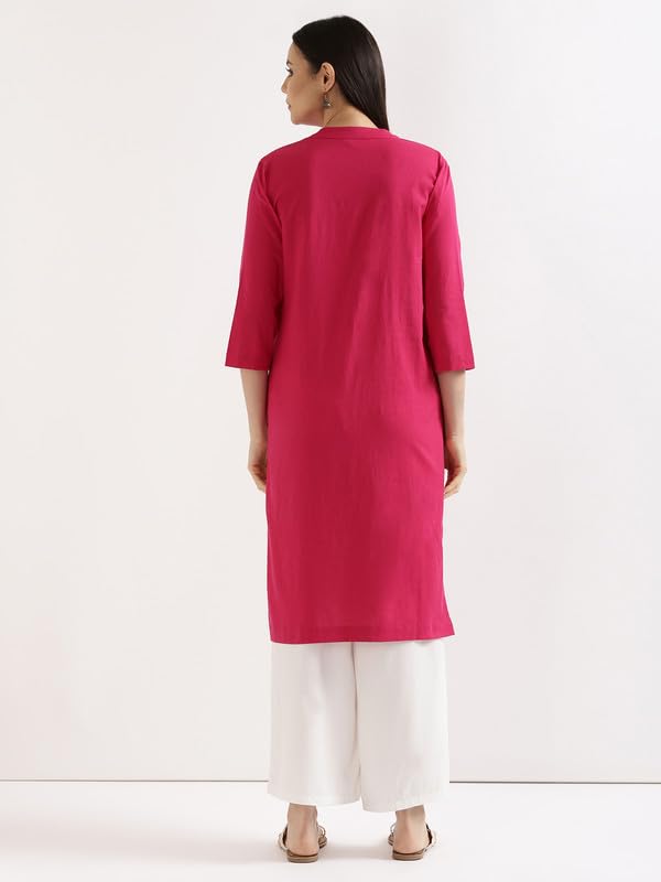 Image of SAADAA Women's Linen Straight Fit Straight Long Kurta Airy Plain Kurta, 3 /4 Sleeve, Knee Length Kurtis with Pockets, Casual and Office Wear