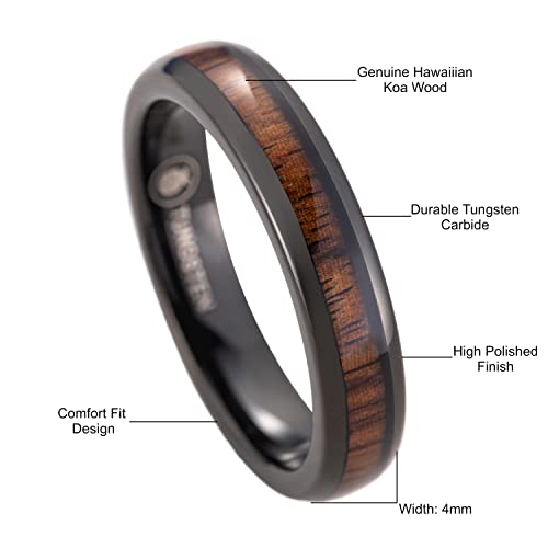 Tungsten Carbide Genuine Natural Hawaiian Koa Wood Tree Inlay Comfort Fit Ring 8mm 6mm 4mm Wedding Band Dome Style Scratch Resistant Weighted Hypoallergenic High Polished Finish with Gift Box Included4
