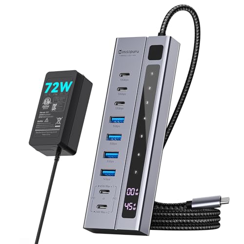 Minisopuru 9 in 1 Powered USB C Hub Support Max 45W Charging with 72W Power Adapter 10Gbps Data Transfer USB-C Powered Hub for Laptop MacBook iPad (Not for Monitor)