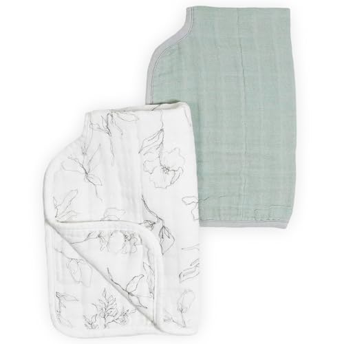 Little Unicorn 100% Natural Organic Cotton Burp Cloth 2 Pack | Ultra-Absorbent & Soft Muslin Fabric | Larger Size & Ergonomic Design (Pencil Floral + White Sage)2