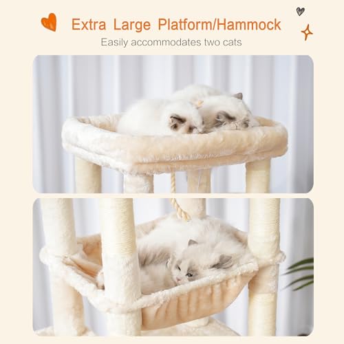 Image of Heybly Cat Tree for Large Cats, 20lbs Heavy Duty, 60 inches HCT050M | Cat Tower for Indoor Cats with Big Padded Plush Perch, Multi-Level Furniture Condo with Cozy Basket, Beige