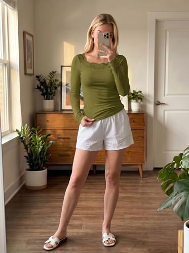 Image of Dokotoo Womens Tops Lace Long Sleeve T Shirts Ribbed Knit Stretch Top 2026