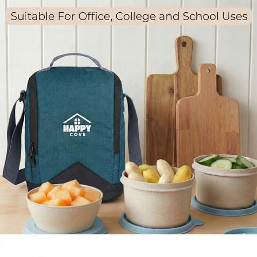 Image of Happy Cove Eco Friendly Lunch Box for Office Use | Biocomposite Wheat Straw, Rice Husk & Bamboo Fibre | 3 Microwave Safe Containers | Tiffin Box with Lunch Bag | Microwave Safe, Oven Safe, Unbreakable