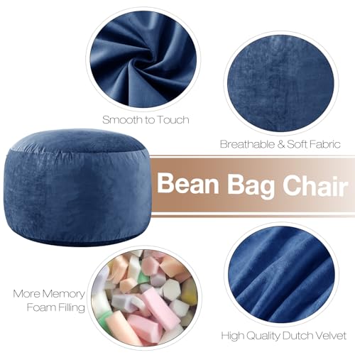 Image of 3 ft Bean Bag Chair,Large Bean Bag Chairs for Adults,3 Foot,Navy | Memory Foam Filling,Bean Bag Sofa for Living Room,Ultra Soft Velvet Fabric,Pull-Handle,Side-Pocket