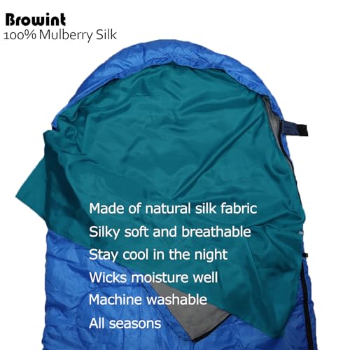 Image of BROWINT Silk Sleeping Bag Liner, Silk Sleep Sack, Extra Wide 87 inchx43 inch & 87 inchx34 inch, Lightweight Travel Sheet for Hotels, Envelop Style 73 inchx34 inch, Hooded Mummy 87 inchx37 inch, More Colors, Reinforced Gussets