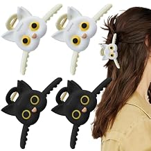 4 Pack Cute Cat Hair Claw Clips - Large Strong Hold Fashion Styling Accessories for Womens Long, Thin & Thick Hair Black & White