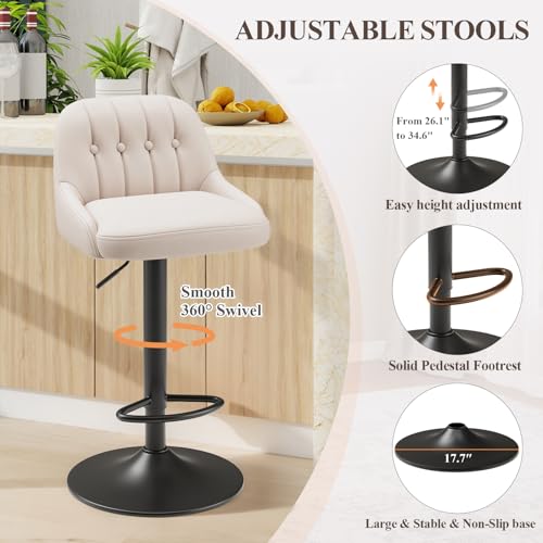 Image of MALOL Bar Stools Set of 1, Swivel Bar Chairs, Modern Adjustable PU Leather Upholstered Barstools Counter Height with Tufted Back for Bar, Kitchen Counter Island, Dining Room, Beige