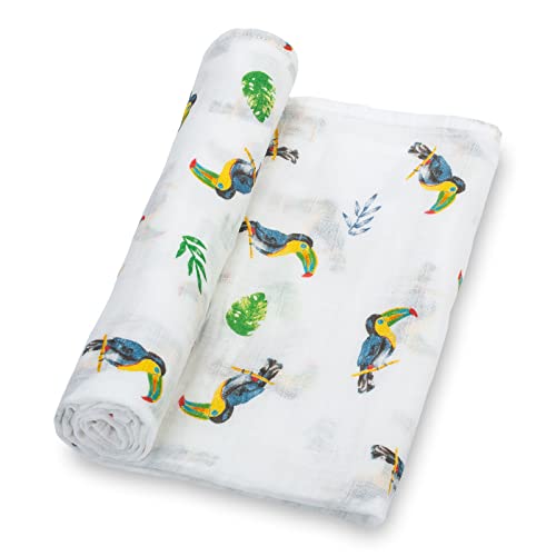 Image of LollyBanks Swaddle Blanket, 100% Cotton Muslin Swaddle Blankets for Boys and Girls, Large 47 x 47 Inches Baby Blanket, Soft and Breathable Receiving Blankets, Registry (Vibrant Tropical Toucan)