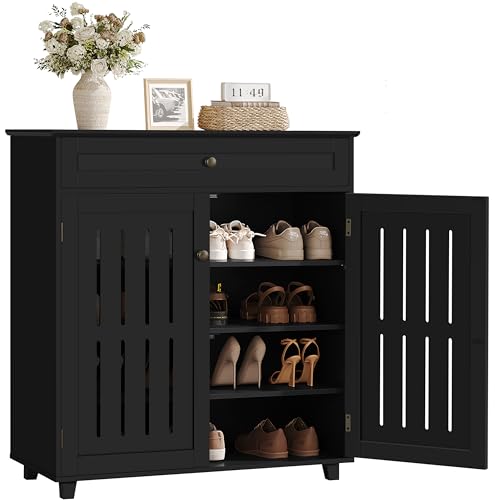 Yaheetech Shoe Cabinet, 4-Tier Shoe Storage Cabinet with Drawer & Adjustable Shelves, Shoe Rack Cabinet for Entryway, Hallway, Living Room, Black