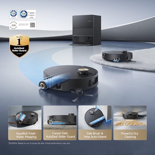 Image of DREAME Aqua10 Roller AE Robot Vacuum, Roller Mop Fresh Water Mopping, Carpet-Safe Roller Guard, Auto-Empty, 30,000Pa Suction, 212℉ Hot Water Mop Washing, Hot Air Drying, 100% Detangling, Voice Control