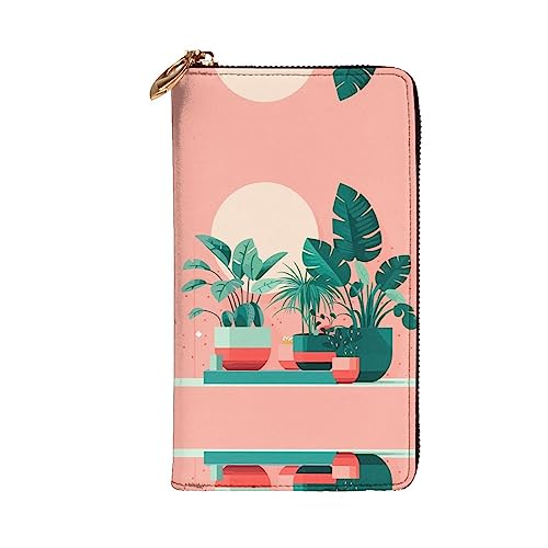 Leather Wallet - Stylish and Functional Wallet for Women with Multiple Compartments and Zipper Design Beautiful Potted Green Plants Prints, Black, One Size2