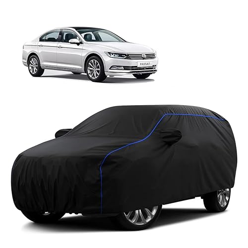 Image of Sulfar 100% Water Resistant Car Body Cover Compatible with Mirror for Volkswagen Passat (Triple Stitched, Full Bottom Elastic, Black Tafetta with Blue Piping)