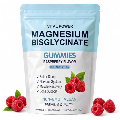 Magnesium Bisglycinate Gummies with 400mg Magnesium Bisglycinate Chelate Raspberry Fruit Powder Sea Salt Vegan 60 Gummies (1)