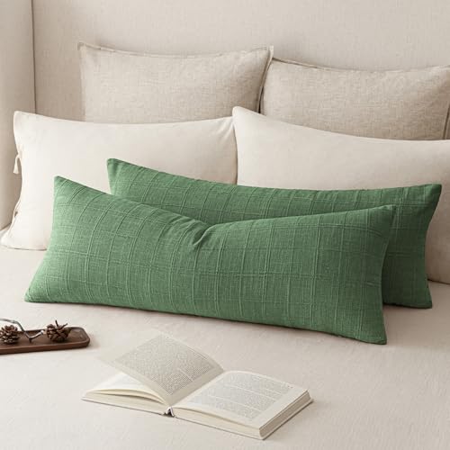 Image of Foindtower Set of 1 Decorative Linen Check Throw Pillow Cover Neutral Long Body Lumbar Cushion Cover Farmhouse Vintage Home Decor for Sofa Chair Couch Bedroom Living Room,14x36 Inch,Forest Green