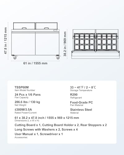 Image of VEVOR 60 inchW Commercial Refrigerator, 15.4 Cu. Ft Sandwich Prep Refrigerated Table, Mega Top Food Prep Fridge with 24 Pans and Cutting Board, Stainless Steel Salad Prep Cooler for Restaurant, Food Truck