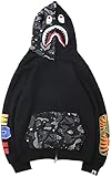 Características: Cierre completo de cremallera, manga larga, diseño de cabeza de tiburón en la capucha, estampado de camuflaje en toda la prenda, sudadera con capucha clásica y de moda callejera.