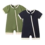 Bafeicao Unisex Baby Boy Girl 2 Pack Rompers Short Sleeve 2 Way Zipper One Piece Jumpsuits Clothes Sets, Navy+Dark Green, 12-18M