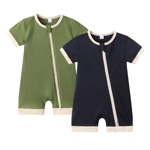 Image of Bafeicao Unisex Baby Boy Girl 2 Pack Rompers Short Sleeve 2 Way Zipper One Piece Jumpsuits Clothes Sets