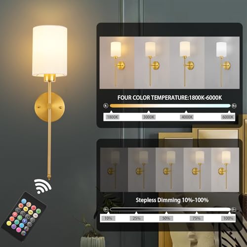 Image of Battery Operated Wall Sconces Set of Two,Wireless Rechargeable Wall Light With Remote Control, Dimmable, 1800K /3000K /4000K /6000K /RGB, Timer, for Living Room, Bedroom, Fireplace, TV, 23.6 Inch, Gold