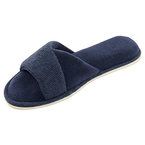 HomeIdeas Women’s Open Toe Terry Anti-Slip House Slide Slippers (Medium / 7-8 B(M) US, Navy Blue)