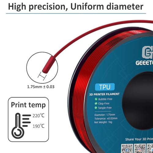 Image of Geeetech TPU Filament 1.75mm, 1KG (2.2lbs) Spool - 95A Flexible 3D Printer Filament with High Elasticity, Dimensional Accuracy ±0.03mm, Fits Most FDM Printers, Clear Red