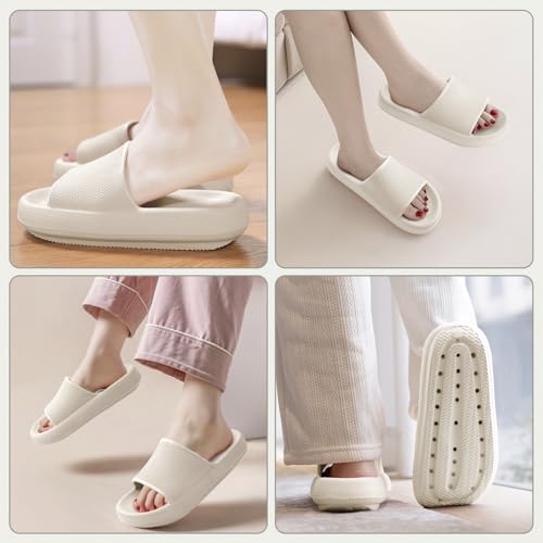 BAXIWUY Badelatschen Damen Badeschuhe Herren Schlappen Badeschlappe Cozislides Original Slippers Rutschfest Hausschuhe Sommer Pantoletten Wolkenschuhe Flip Flops Indoor/Outdoor，Beige，44-45 EU 2