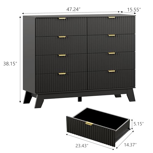 Image of Wodeer 8 Drawer Fluted Dresser for Bedroom, Mid Century Modern Dresser with 8 Drawers, Dressers & Chests of Drawers with Metal Handle, TV Stand & Storage Organizer for Entryway, Hallway, Black