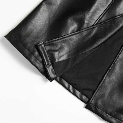 Women's Black Mid Length Faux PU Leather Trench Coat Long Sleeve Motorcycle Button Biker Overcoat With Belt4