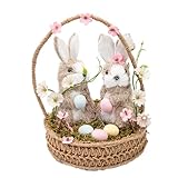 Cartanfill-Easter Bunny Basket Decoration with Flowers, Woven Jute Basket with Handle, Spring Decor with Pastel Eggs (C)