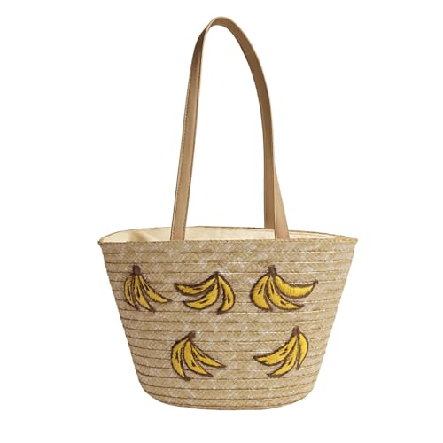 Banana Purse Straw Woven Banana Embroidered Bucket Bag Large Shoulder Bag Trendy Fruit Purse for Women