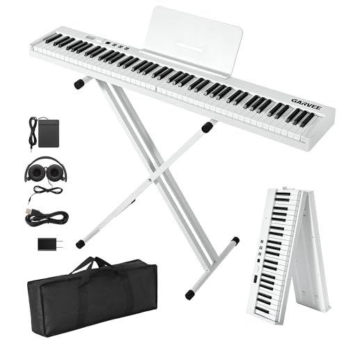 ガービー(Garvee) 電子ピアノ 88鍵盤 折り畳み コンパクト 軽量 MIDI対応 生ピアノと同じ鍵盤サイズ キーボード 128種音色 充電型 ペダル/練習用イヤホン/専用ケース付き スタンドセット ホワイトの商品画像（Amazon）