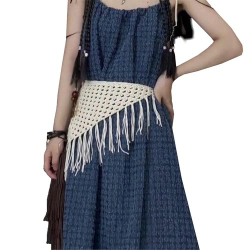 Crochet Headbands with Tassel Head Kerchief Triangle Fringe Hip Scarf Sheer Belt, Hip Scarf.(YD20) (Beige)