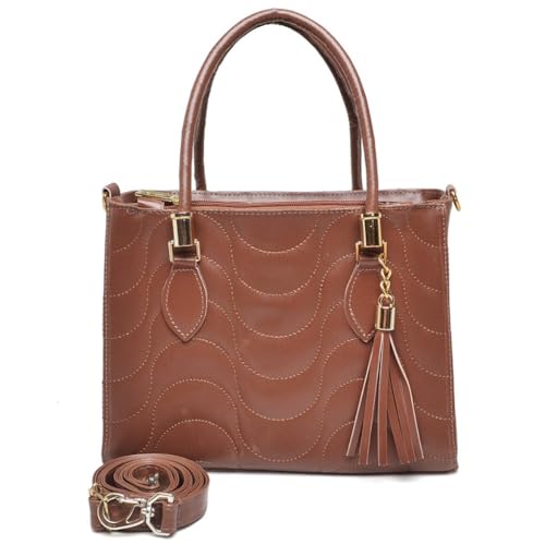 Bolsa de Mão Feminina, Couro Branco, Alça Transversal Removível, Detalhes em Metal Dourado (CARAMELO)