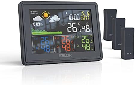 BALDR Home Weather Station & Indoor Outdoor Thermometer with 3 Wireless Remote Sensors, Atomic Alarm Clock, Backlight, Humidity Monitor, Weather Forecast & Digital Weather Station - Large LCD Display