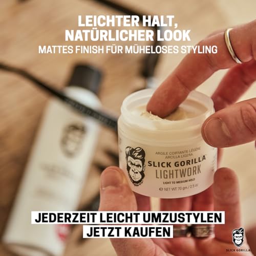 Slick Gorilla Lightwork Matte Hair Clay für Männer 75 ml, Mattes Finish | Flexibler Halt | Leichtes Styling | Wasserbasiert | Natürliche Textur | Nicht fettend