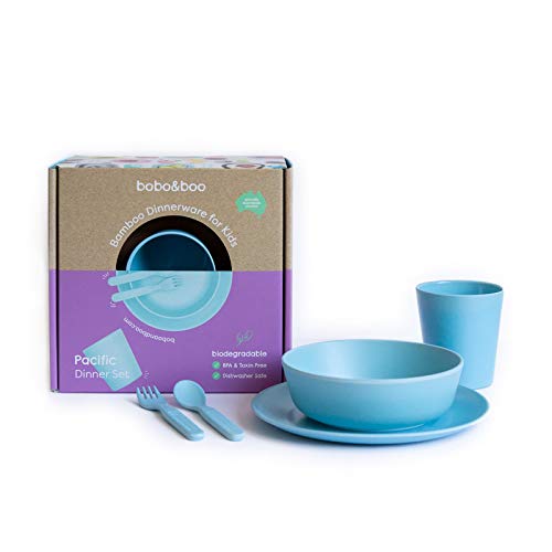 Bobo&Boo Bamboo 5 Piece Children’s Dinnerware, Pacific Blue, Non Toxic & Eco Friendly Kids Mealtime Set for Healthy Infant Feeding, Great Gift for Birthdays, Christmas & Preschool Graduations