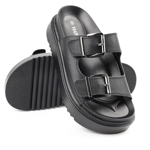 Chunky Platform Sandals for Women, Waterproof Non-Slip Rubber Sole, Adjustable Double Buckle, Arch Support Open Toe Slide Sandals, Comfortable Black Wedge Sandals for Women4