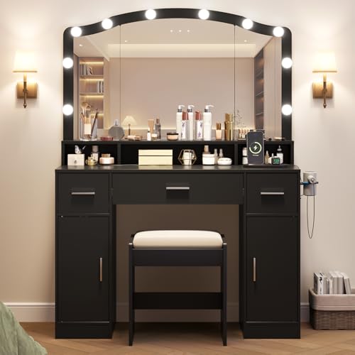 Garvee Vanity Desk with LED Lights and Storage, 10 Adjustable LED Mirror, 3 Drawers, 2 Cabinets, Charging Station AC/USB, Includes Stool, Dressing Table for Women/Girls Bedroom, Black