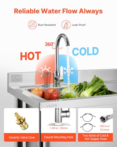 VEVOR Stainless Steel Utility Sink, Free Standing Single Bowl Commercial Kitchen Sink with Faucet, 39.4 x 19.7 x 37 in, Utility Right Basin with Hot & Cold Water Pipe for Garage, Restaurant, Laundry