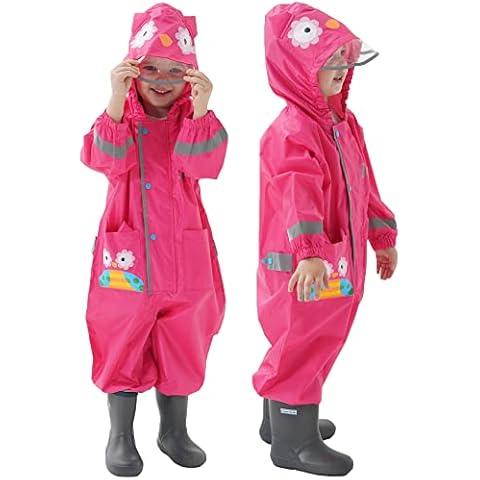 Kids Puddle Suit, Waterproof Overalls for Boys Girls All in One Rain Suit Toddler Muddy Suit Hooded Raincoat Cartoon Owl Rainwear Cover