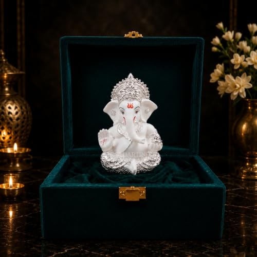 Image of Gold Art India Ganesha Idol 999 Silver Plated White Finish Lord Ganesh Murti for Home Decor, Car Dashboard, Mandir & Office | Premium Ganesh Statue for Diwali, Wedding & Spiritual Gift | 3.5 Inch