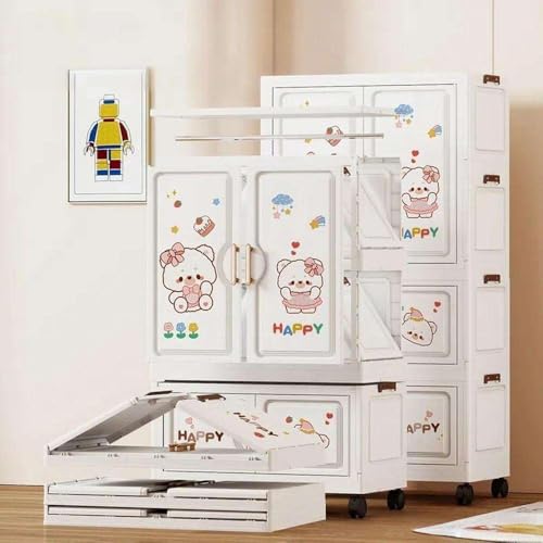 Image of EXVITO Plastic Wardrobe for Cloth with Drawers & Hanging Rod | Baby Cupboard for Clothes Storage | Foldable Collapsible Plastic Almirah for Kids | Cartoon Design Cabinet for Bedroom - Butter Bear
