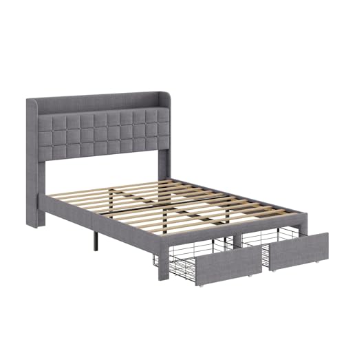 Image of Full Size Storage Bed Frame, Square Tufted Headboard, Platform Bed with 2 Underbed Drawers at Foot, Wooden Slats Support, No Box Spring Needed, Dark Gray