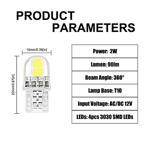 Bonlux 12V T10 Wedge Base Led Bulb, 2W 194 168 W5W Led Wedge Light Bulbs T10 Led Replacements For Car License Plate Courtesy Step Door Lights, Daylight 6500K, 4-Pack #TOP2