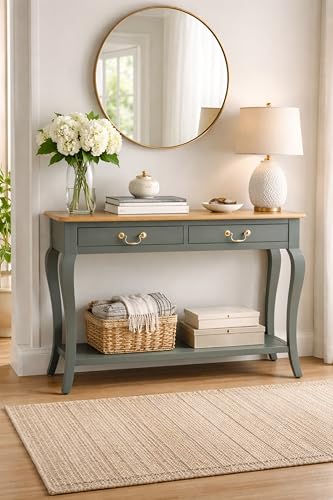 Image of Wooden Console Table with 2 Drawers, Natural Wood Top, Curved Legs, Entryway Sofa Table, Sheesham Wood Study Table with Shelf Storage, 46Lx17Wx30H Inches. (Cool Grey)