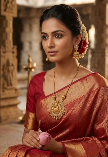 Image of Traditional Gold-Plated Lakshmi Temple Pendant Necklace Set for Women | Antique South Indian Jewelry with Jhumka Earrings | Ethnic Bridal, Wedding & Festive Jewelry Set