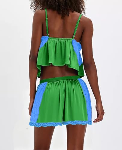 Image of ROAONOCOMO Women Lace Trim Pj Shorts Set Square Neck Coquette Tank Top Silk Satin Pajama Set Babydoll 2 Piece Shorts Outfit
