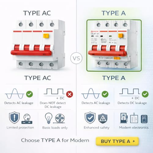 Image of RCBO 4 Pole TYPE A 63A 30mA | 3 Phase + Neutral Residual Current Circuit Breaker with Overload & Short Circuit Protection | AC + DC Leakage | DIN Rail Mount (3 PHASE 63AMPS)