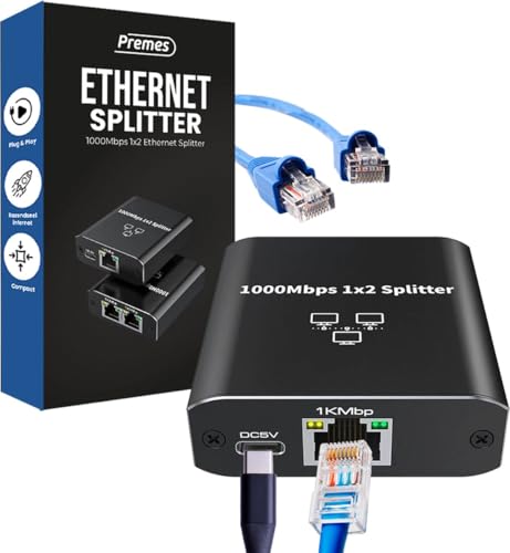 Premes - Divisor de Internet - 2 puertos - hasta 1000 Mbps - de 1 a 2 - LAN, UTP, RJ45 - Divisor de red - Divisor UTP - Divisor Ethernet - Conmutador Ethernet - Interruptor de red