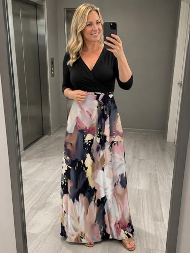 Image of Plus Size Maxi Dress for Women V Neck 3 /4 Sleeve Wrap Dress